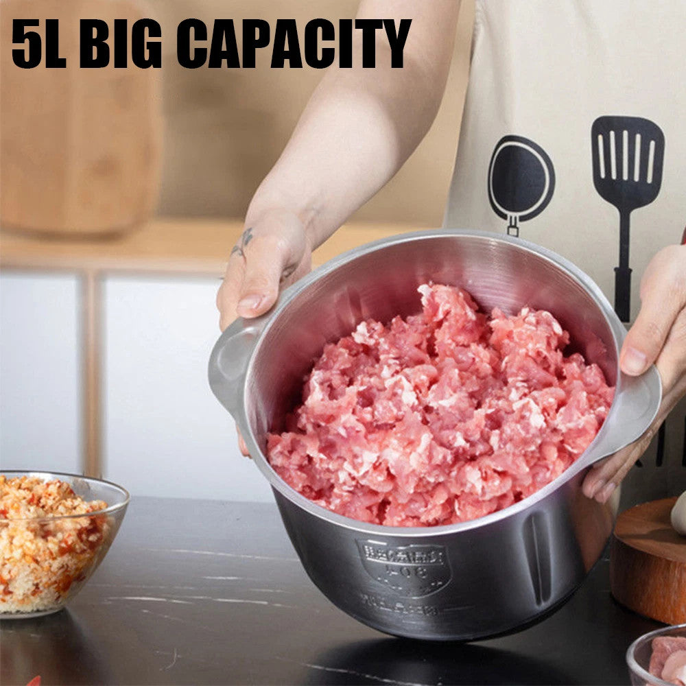 Person holding a large metal bowl filled with ground meat, labeled '5L Big Capacity'.
