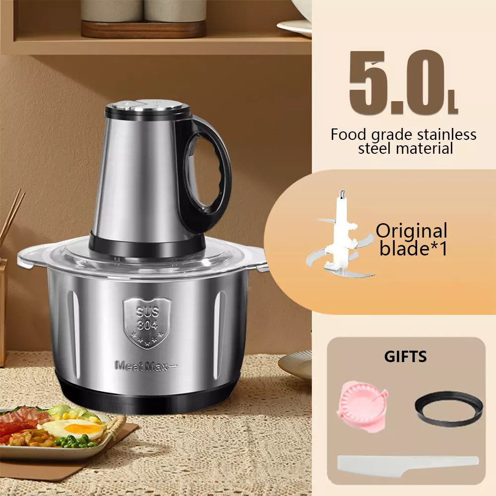 Stainless steel food chopper with 5.0L capacity on a kitchen counter, featuring brand logo and product details.