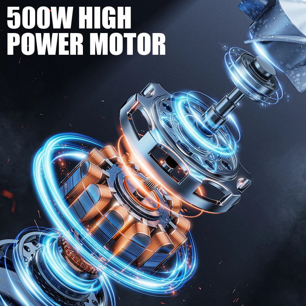 500W high power motor with glowing blue and orange design on a dark background