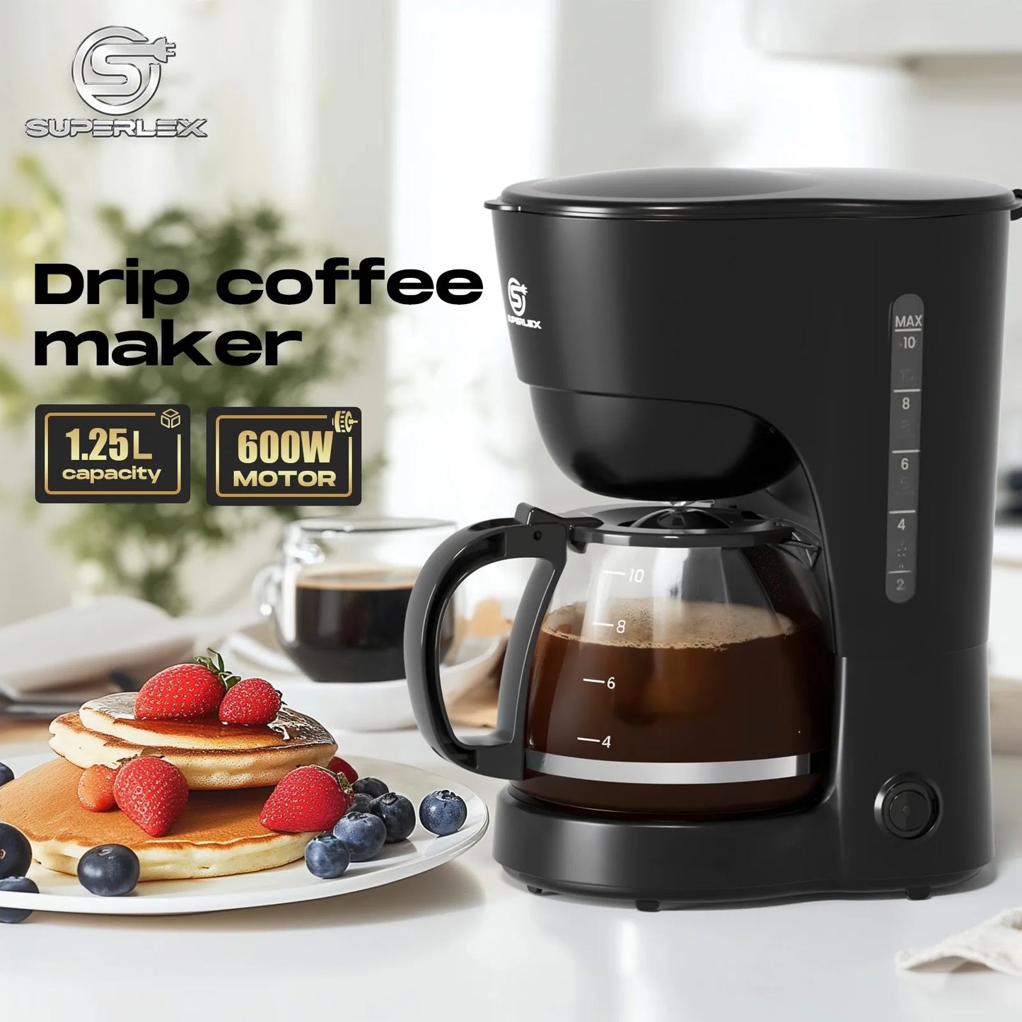 SUPERLEX 1.25L Electric Drip Coffee Machine 600 Power American Style Coffee Machine Convenient Water Window with Reusable Filter