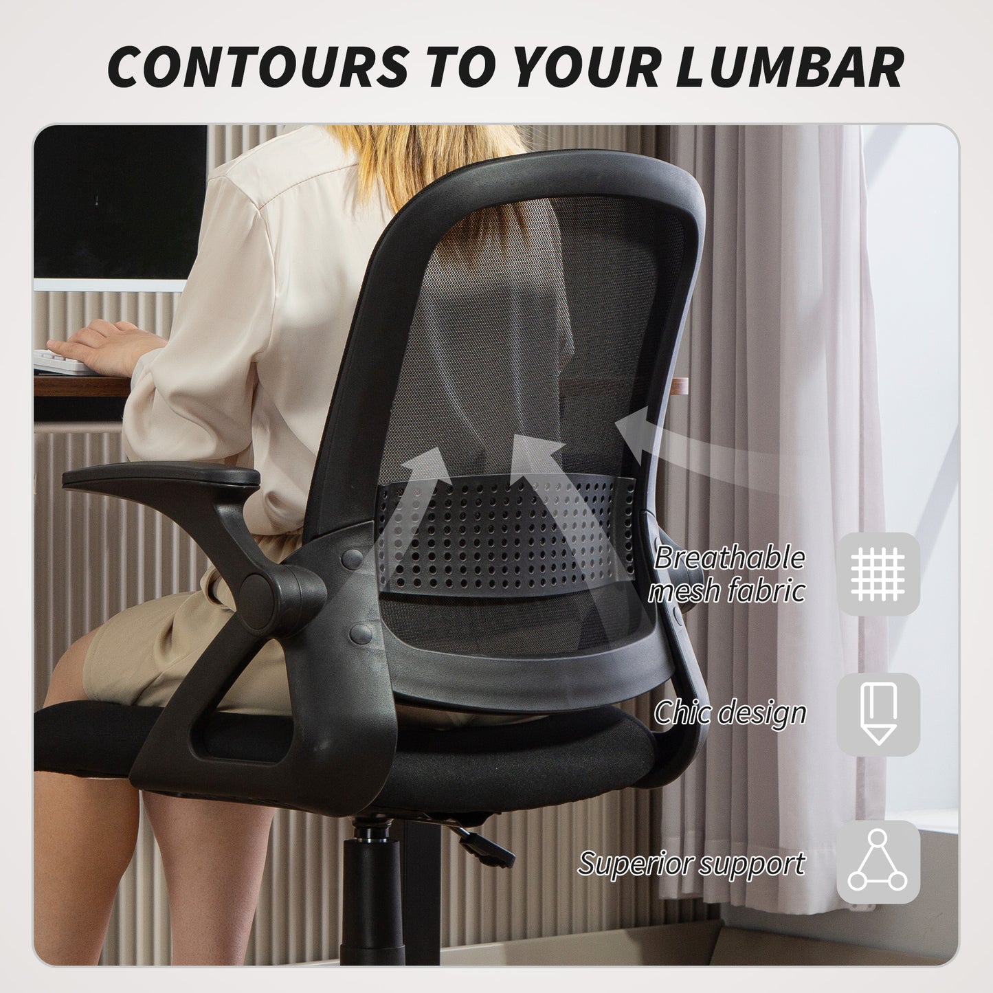 Breathable Mesh Office Chair, Ergonomic Swivel Computer Chair With Flip-up Armrests, Lumbar Back Support For Home or Office, Black