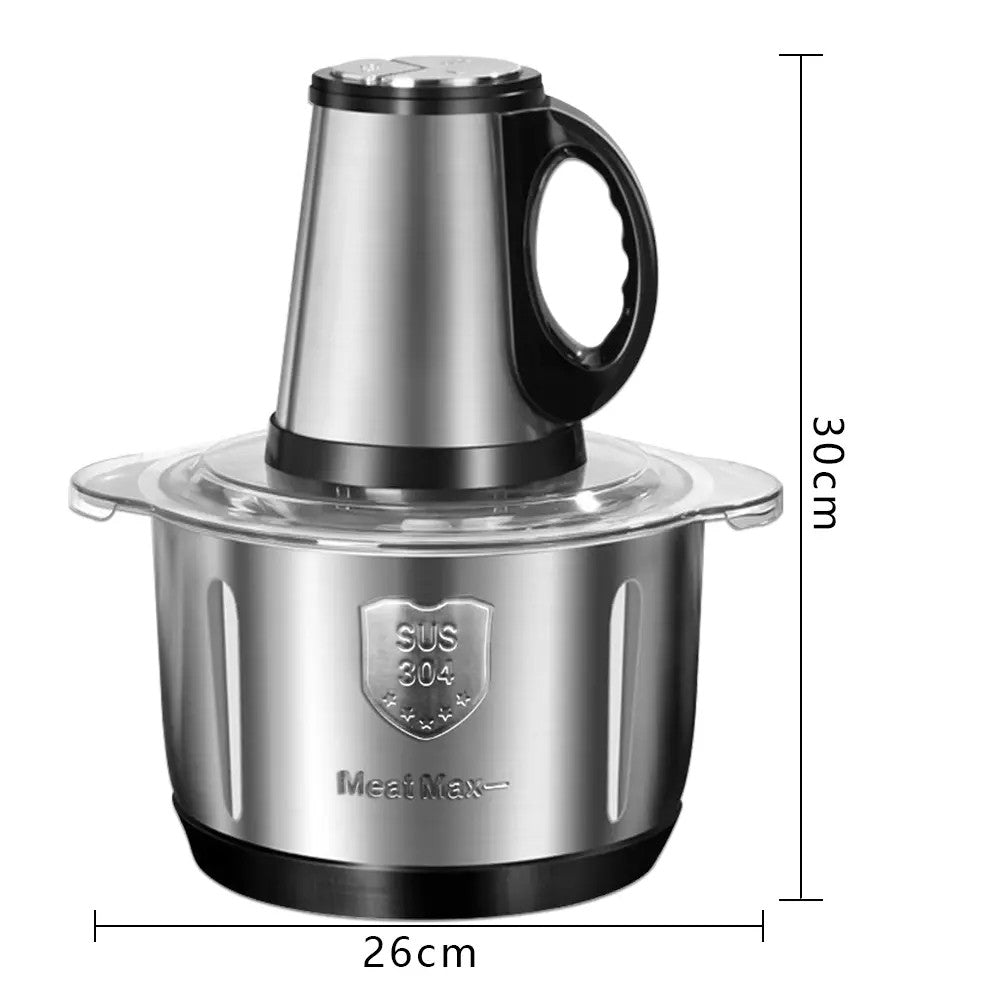 Stainless steel meat grinder with dimensions on a white background