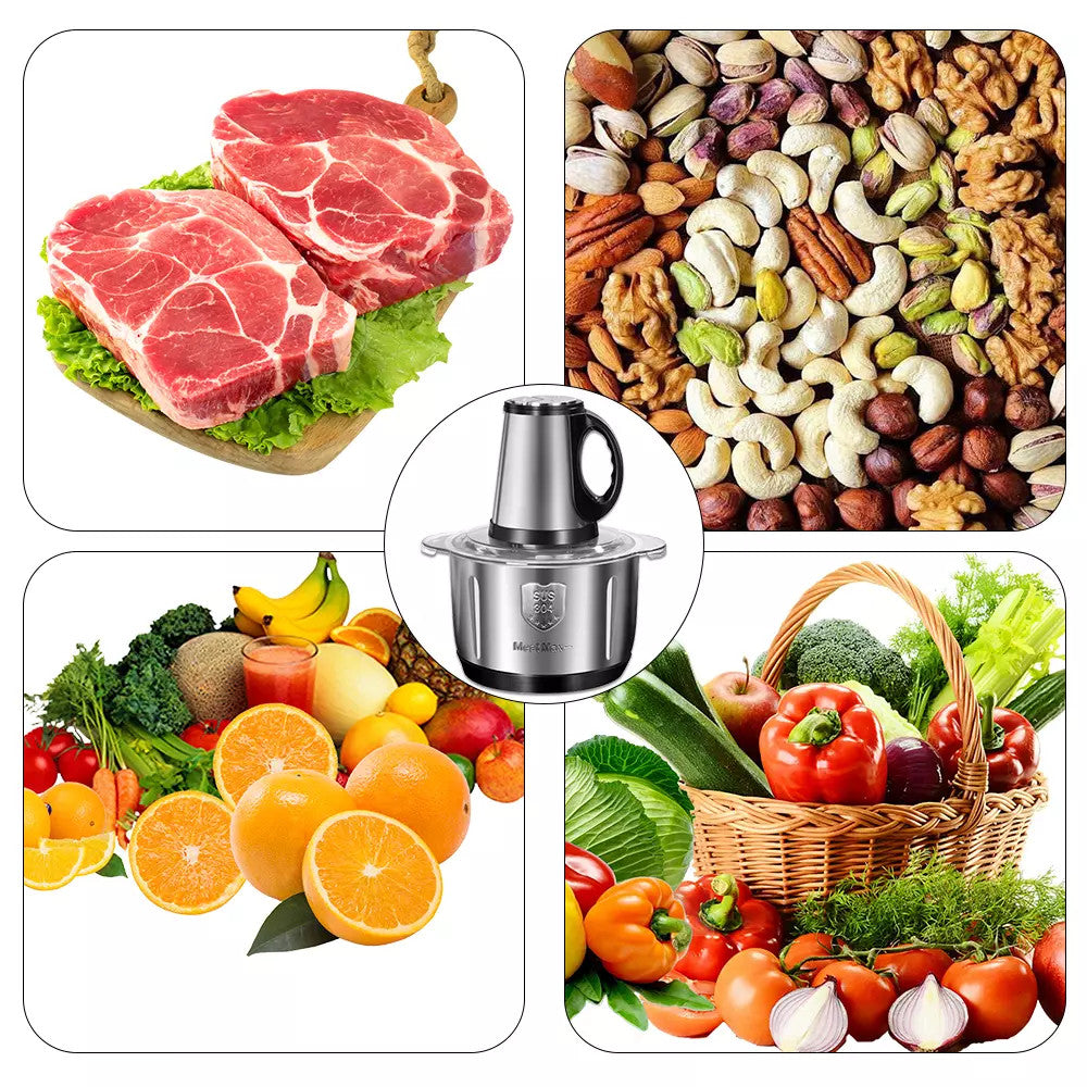 Collage of images including raw meat, nuts, fruits, vegetables, and a food processor.