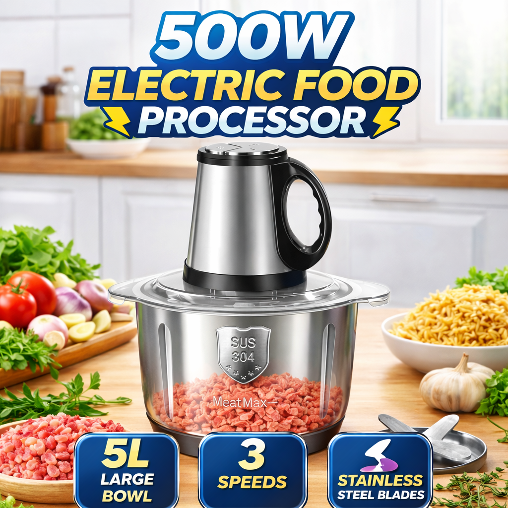 Electric food processor with ingredients on a kitchen counter, highlighting features like 5L bowl, 3 speeds, and stainless steel blades.